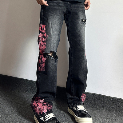 HELIPORT停机坪 繁花泼墨牛仔裤印花潮牌男女高街微喇叭直筒裤