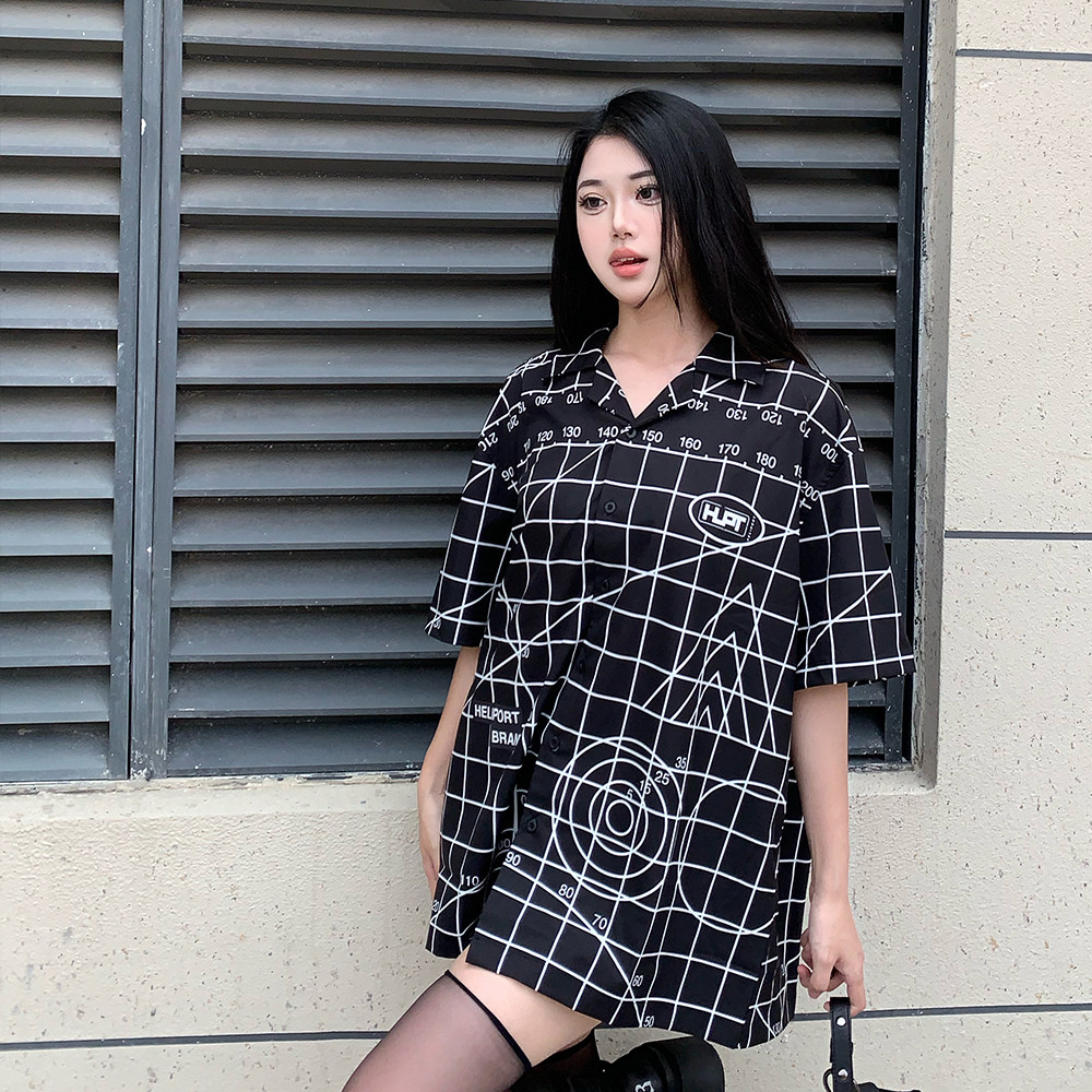 heliport停机坪 线稿满印短袖衬衫休闲潮牌男女宽松短袖上衣