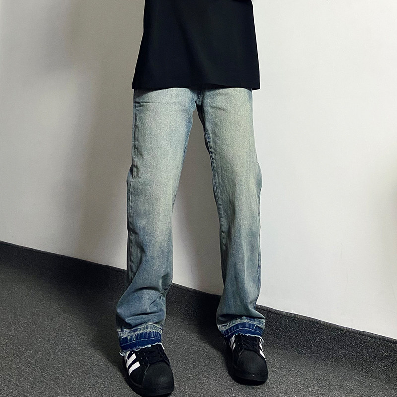 HELIPORT停机坪 渐变破坏毛边牛仔裤男女高街美式微喇叭直筒裤