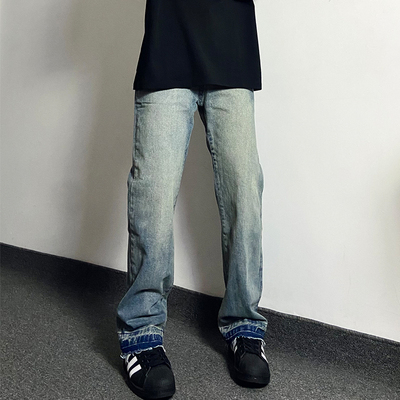 HELIPORT停机坪 渐变破坏毛边牛仔裤男女高街美式微喇叭直筒裤