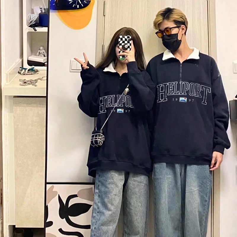 heliport停机坪美式刺绣卫衣翻领套头情侣宽松休闲上衣外套男女bm