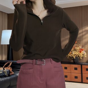 高级感复古时尚半拉链立领T恤女胖mm纯色百搭休闲风打底德绒上衣