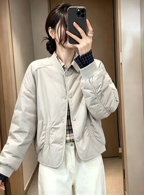 设计感显瘦遮肉抽褶拼接长袖棉服