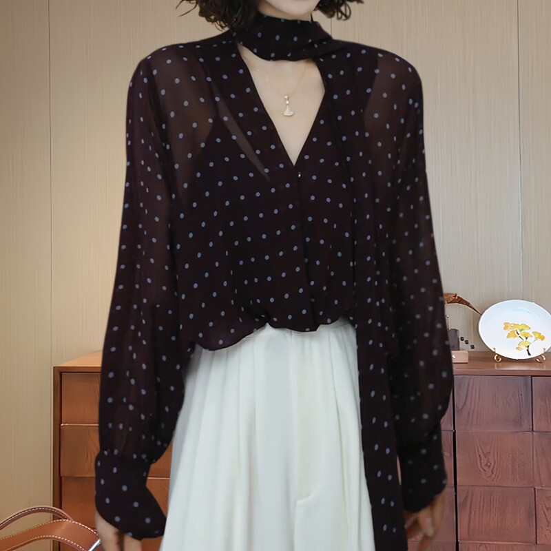 小众别致复古波点飘带V领衬衫女