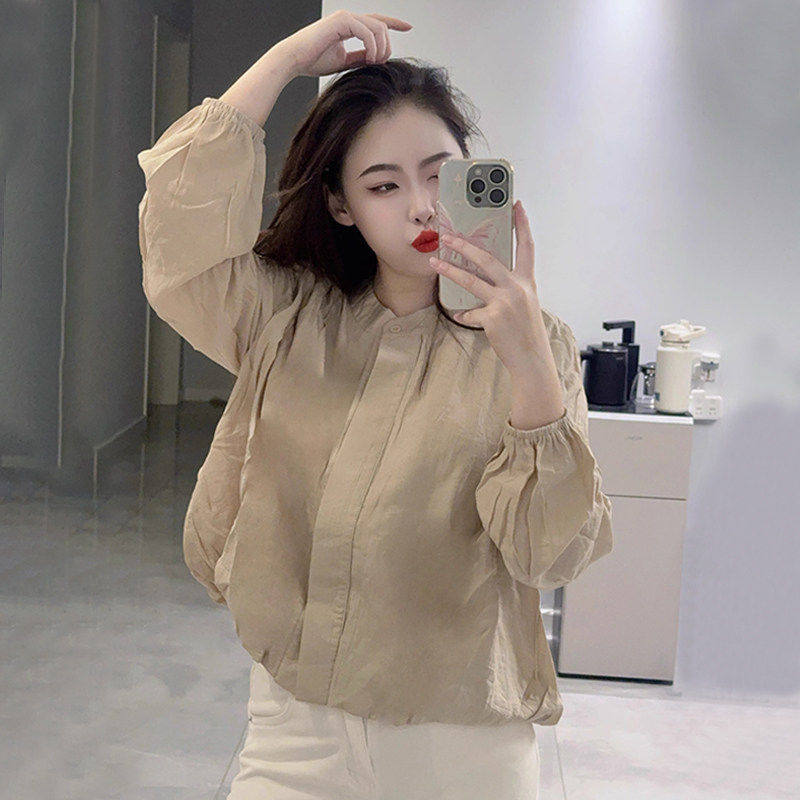 韩版简约百搭休闲风褶皱长袖衬衫女装微胖mm宽松遮肉显瘦小衫上衣