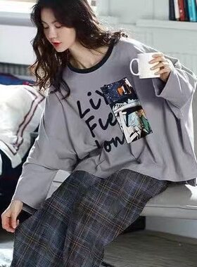女士睡衣春秋季圆领新款长袖纯棉薄款春夏可外穿秋天女套装家居服