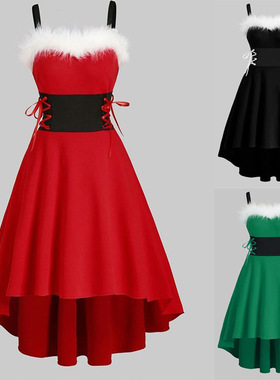 秋季圣诞节红色露肩黑色扎腰蝴蝶结吊带连衣裙女Christmas dress