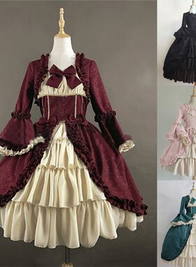 欧美中世纪复古哥特宫廷连衣裙方领收腰拼接蝴蝶结礼服裙女dress