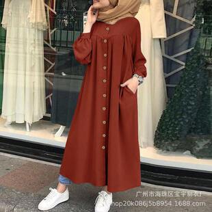 跨境热卖女装新款长袖衬衫连衣裙休闲口袋民族风长袍shirt women