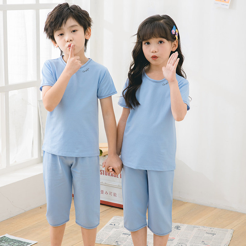 2026新款男童莱卡棉家居服夏季女童睡衣纯棉宝宝儿童短袖套装外穿