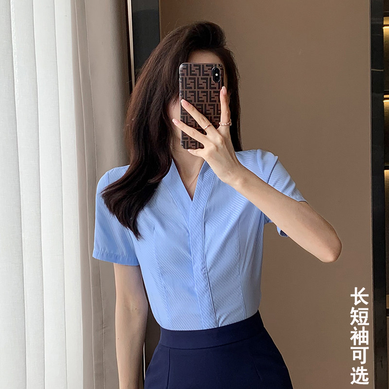 ACHU阿初职业衬衫女新款修身气质白衬衣套装蓝色工装上衣V领短袖