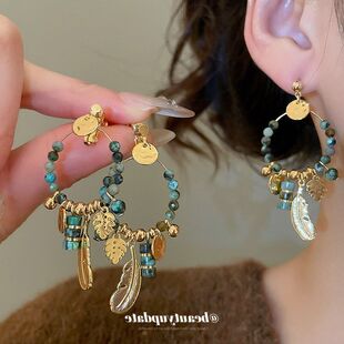 14K真金电镀银针石头羽毛吊坠耳钉复古民族风耳坠耳环轻奢耳饰女