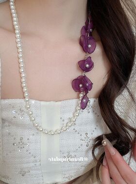 珍珠雪纺花串珠项链新中式简约