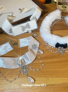 金丝绒镶钻雪花珍珠颈链甜酷风