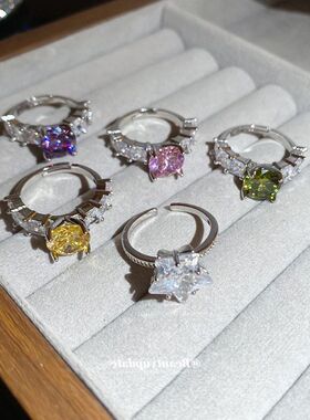 高级感戒指圆形几何方形星星锆石百搭开口简约指环戒轻奢食指时尚