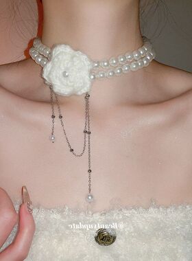 法式复古针织花朵珍珠项链优雅气质甜美小众锁骨链轻奢高级感颈链