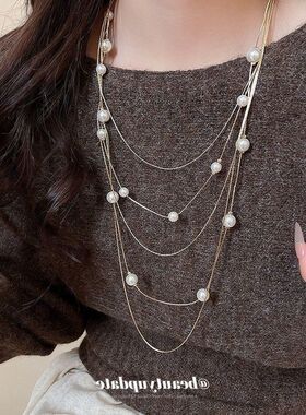 虎眼石串珠多层珍珠项链复古美