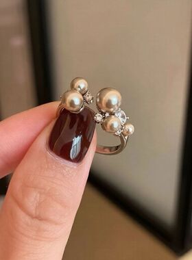 镶锆石珍珠花朵开口戒指法式复古轻奢风食指戒优雅百搭手饰女小众