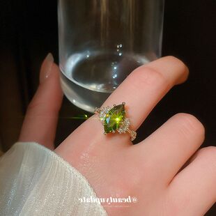 高级感女14K真金电镀椭圆戒轻奢食指小众绿宝石复古手饰戒指开口