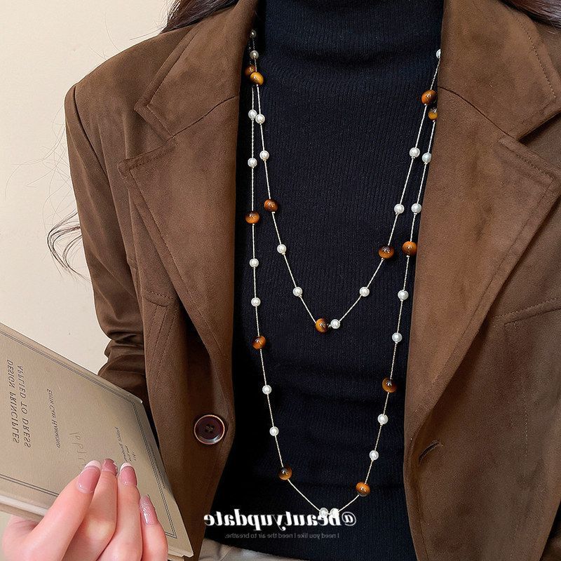 虎眼石串珠叠带珍珠项链复古优雅气质百搭毛衣链轻奢高级感颈链女