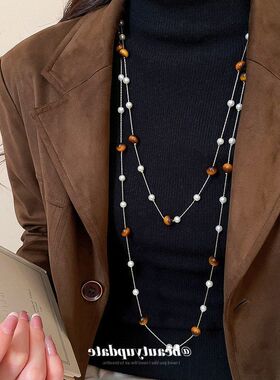 虎眼石串珠叠带珍珠项链复古优雅气质百搭毛衣链轻奢高级感颈链女