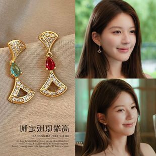 银针扇形高级感耳饰不精致锆石耳坠耳环电镀真金复古对称14K水滴