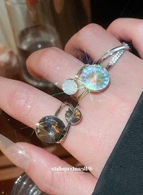 戒指食指锆石贝母戒轻奢百搭气质开口简约指环时尚双层交叉高级感