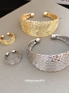 欧美金属感多层开口手镯戒指套装