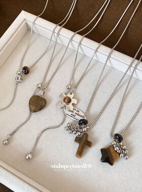 不锈钢虎眼石几何吊坠项链休闲