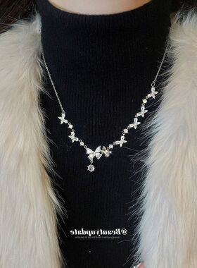 韩系ins锆石蝴蝶吊坠项链精致链