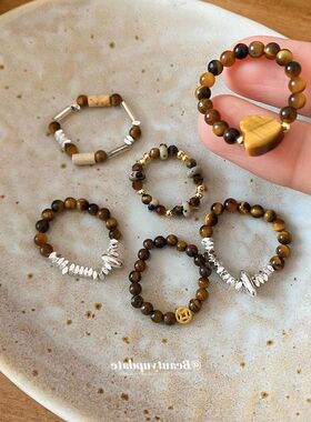 碎银虎眼石串珠戒指女新款美拉德食指戒新中式复古民族风咖色指环