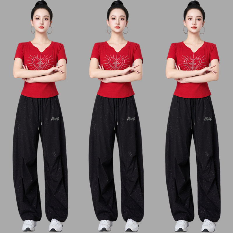 杨丽萍夏季广场舞运动套装新款棉烫钻跳舞演出服短袖速干伞兵裤子