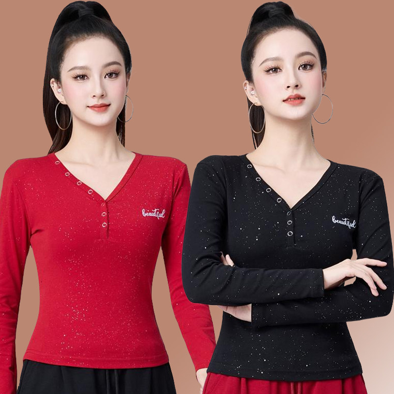 春秋季广场舞服装长袖V领潮流亮片显瘦上衣运动跳舞蹈健身衣服棉