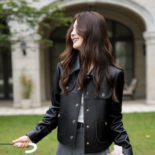 真皮皮衣女真皮绵羊皮方领时尚 短款 秋季 今年流行特惠海宁新款