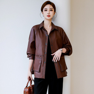 韩版 2025海宁宽松方领真皮皮衣女 休闲百 新款 今年流行特惠春季