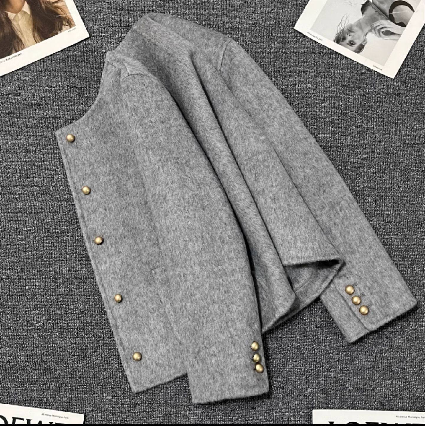 今年流行特惠灰色短款羊毛双面呢子外套女2025新款早冬晚秋设计感,女装/女士精品,毛呢外套,淘宝优惠券,粉丝福利购,淘宝优惠卷