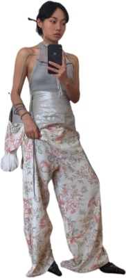 日本进口棉麻超薄垂感印花宽松阔腿休闲裤