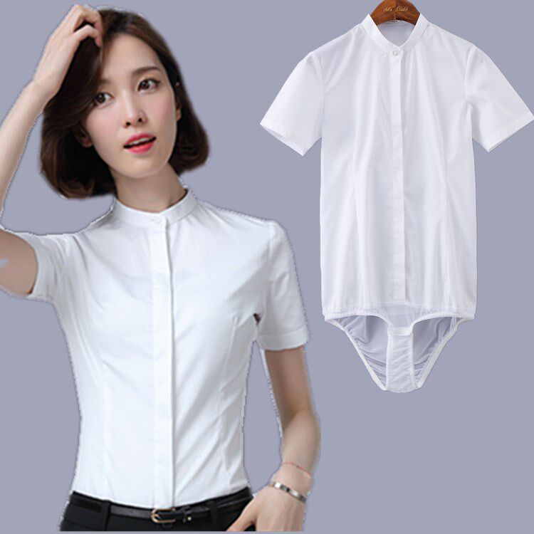 清仓超值  短袖立领连体衬衫女职业工作装面试长袖连裤衬衣弹力