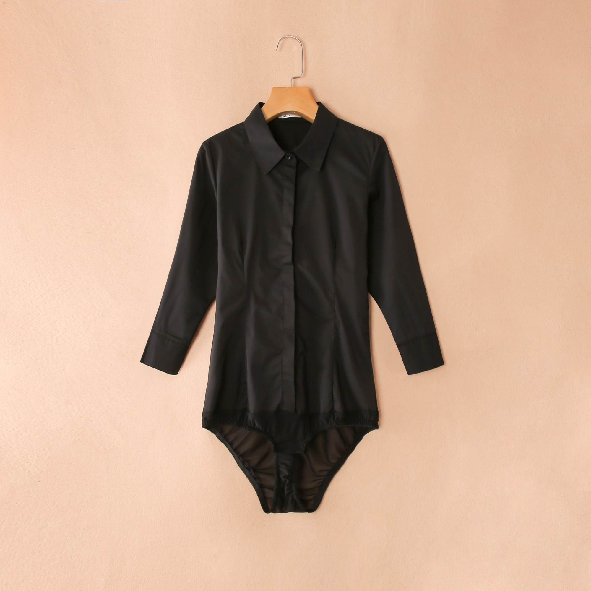 清仓 折扣黑色方领职业连体衬衫带档连裤衬衣女弹力棉七分袖短袖