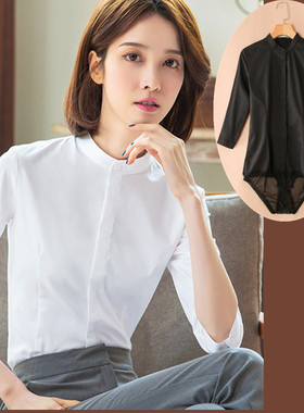 清仓超值  短袖立领七分袖连体衬衫女职业工作装面试连裤衬衣弹力