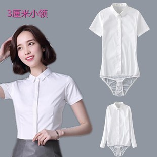 白色连体衬衫 职业工装 女黑色连裤 弹力修身 衬衣寸衫 3厘米小领短袖