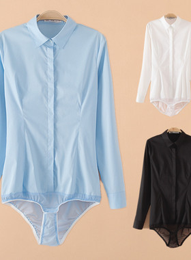 职业装加绒连体衬衫女连裤衬衣长袖修身显瘦弹力棉暗门襟防走光