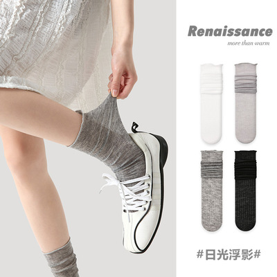 Renaissance女袜薄款透气网纱透明中筒日系春夏蕾丝花边堆堆长袜
