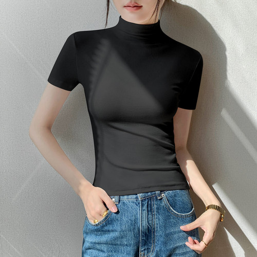 半高领短袖显瘦T恤女上衣打底衫