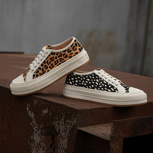 春季真皮马毛豹纹厚底增高女板鞋