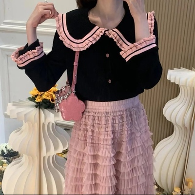 2022新款撞色娃娃领长袖针织衫设计感小众韩系短款开衫上衣女