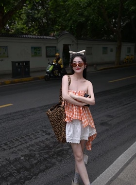 THE LEMON柠檬绿茶夏季新款辣妹设计感不规则格纹抹胸衬衫上衣女