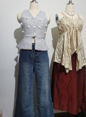 法式v领无袖马甲背心立体花朵设计开叉上衣+宽松高腰阔腿牛仔裤