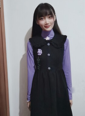 22秋冬韩版女装娃娃领气质甜美背心连衣裙加紫色带花朵内搭套装