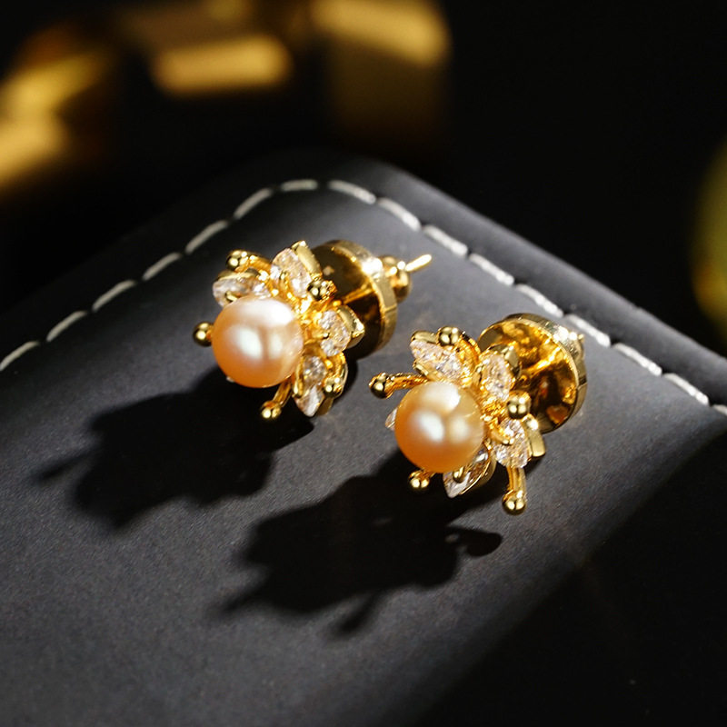 XKDDCT新款花朵粉色天然淡水珠镶锆石时尚甜美韩版气质精致耳钉耳